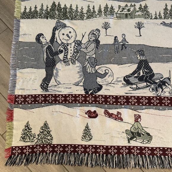 Vintage Winter Scene Snowman Christmas Tapestry Throw Blanket 45x58 - Picture 2 of 8